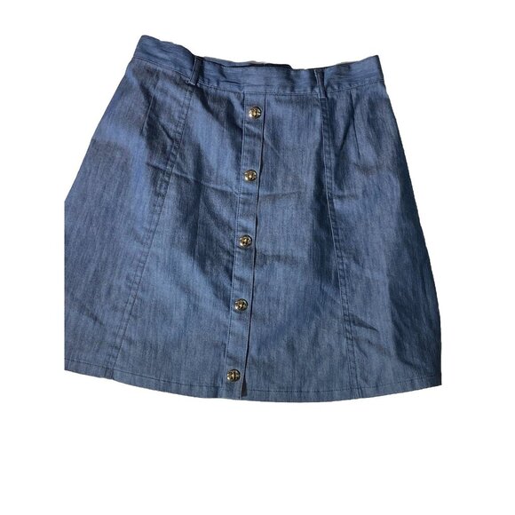 River Island Chambray Denim Sz 10 Aline Circle Button Embellishment Skirt Career - Picture 1 of 9